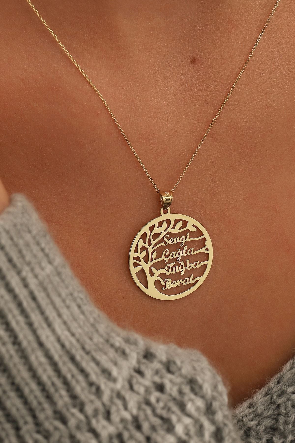 Altın Kolye/hayat Ağacı Altın Kolye/14 Ayar Altın Aile Kolye/altın Isim Kolye Modeli