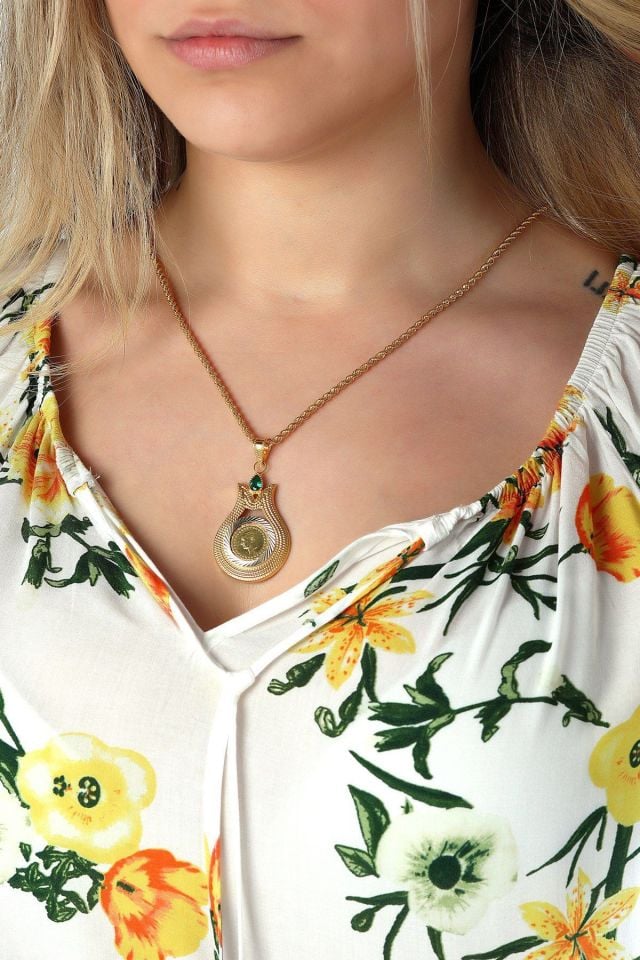 Moom Mücevherat Kadın 14 Ayar Altın Taşlı  Gül  Model Çerçeve Kolye Ucu