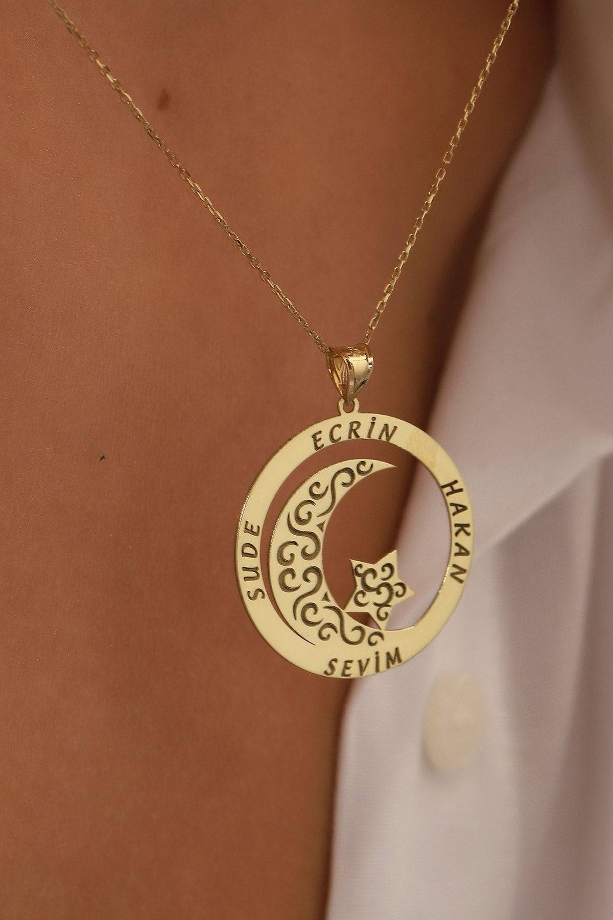 Altın Kolye/ay Yıldız Deseni Altın Kolye/14 Ayar Altın Aile Kolye/altın Isim Kolye