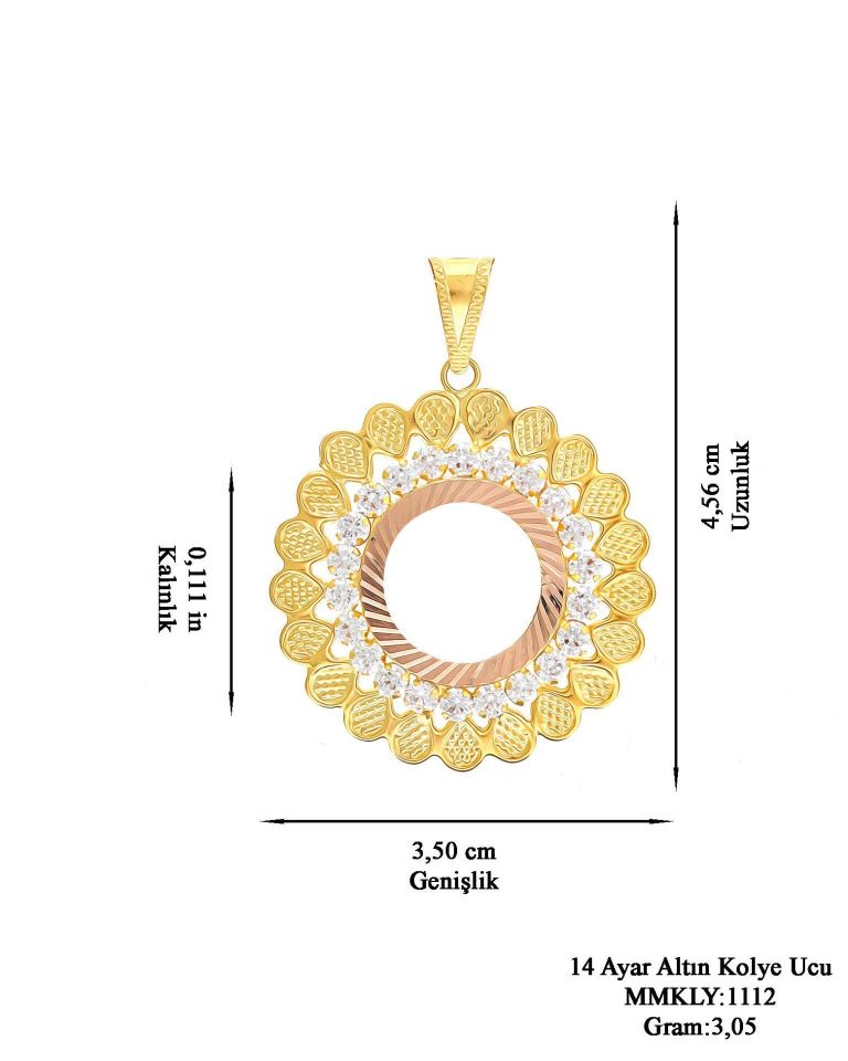 Moom Mücevherat Kadın 14 Ayar Altın Taşlı  Yuvarlak  Model Çerçeve Kolye Ucu