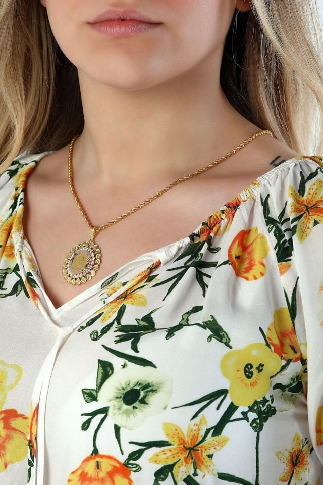 Moom Mücevherat Kadın 14 Ayar Altın Taşlı  Yuvarlak  Model Çerçeve Kolye Ucu