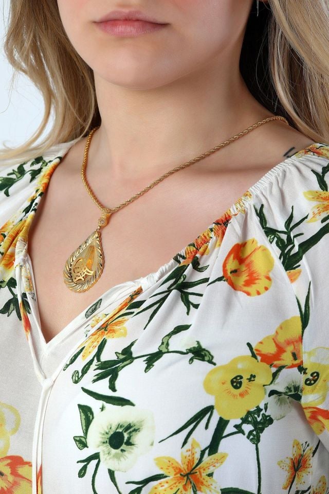 Moom Mücevherat Kadın 14 Ayar Altın Damla Model Taşlı Osmanlı Tuğrası