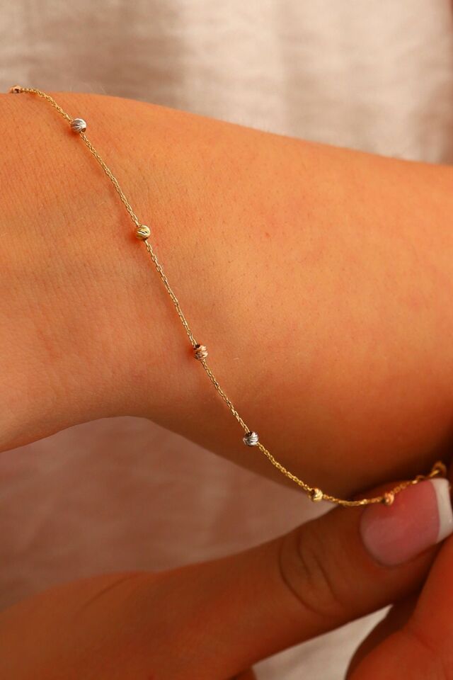 14 Ayar Altın Dorika Toplu Altın Bileklik Renkli Toplar Tek Sıra