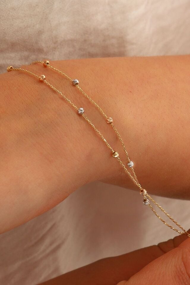 14 Ayar Altın Dorika Toplu Altın Bileklik Renkli Toplar İki Sıra