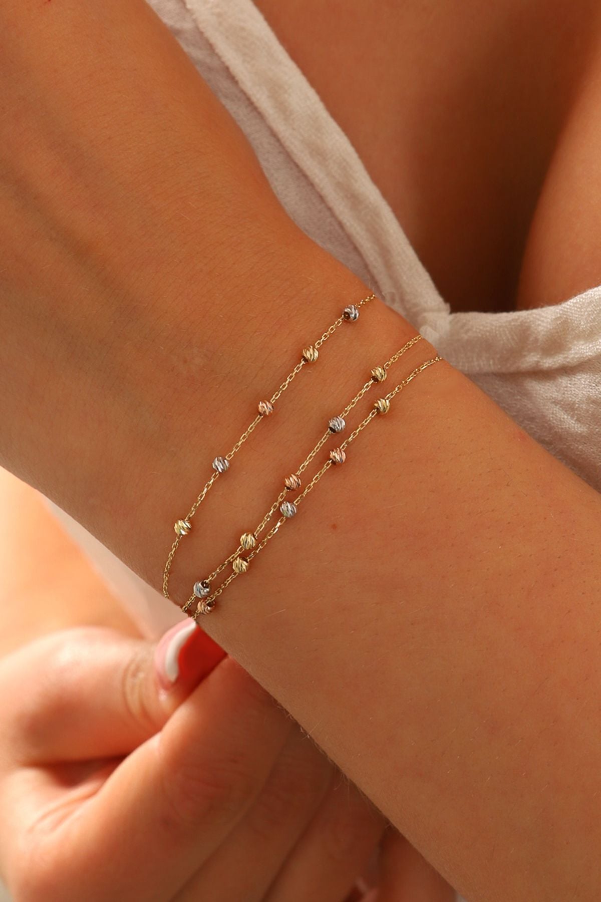 14 Ayar Altın Dorika Toplu Altın Bileklik Renkli Toplar Üç Sıra