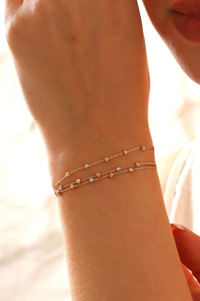 14 Ayar Altın Dorika Toplu Altın Bileklik Renkli Toplar Üç Sıra