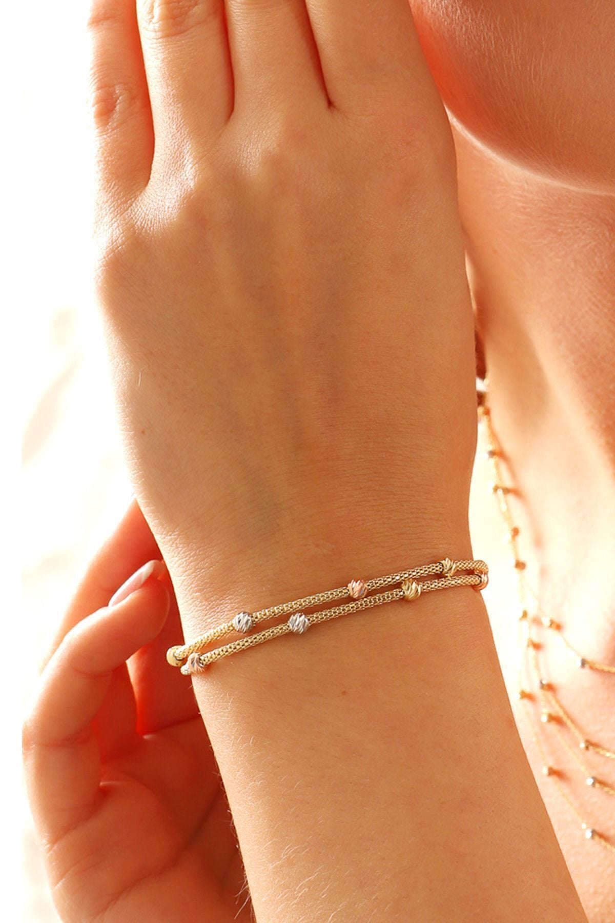 14 Ayar Altın Dorika Toplu Altın Bileklik Popcorn Bileklik Renkli Toplar İki Sıra