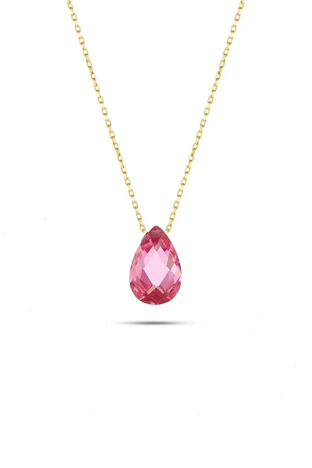 14 Ayar Altın Damla Taşlı Kolye Pembe - 55 Cm