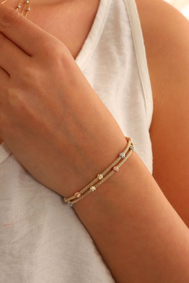 14 Ayar Altın Dorika Toplu Altın Bileklik Popcorn Bileklik Renkli Toplar İki Sıra