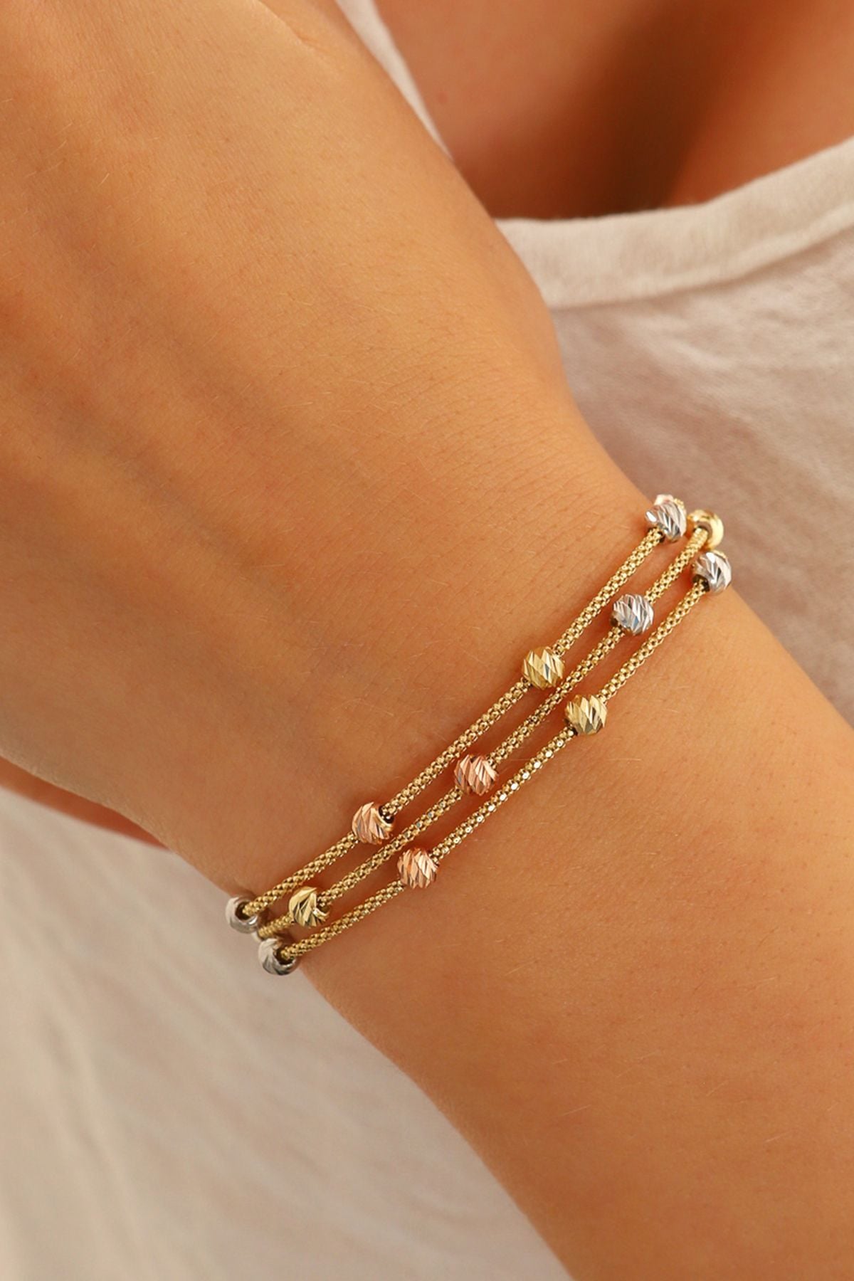 14 Ayar Altın Dorika Toplu Altın Bileklik Popcorn Bileklik Renkli Toplar Üç Sıra