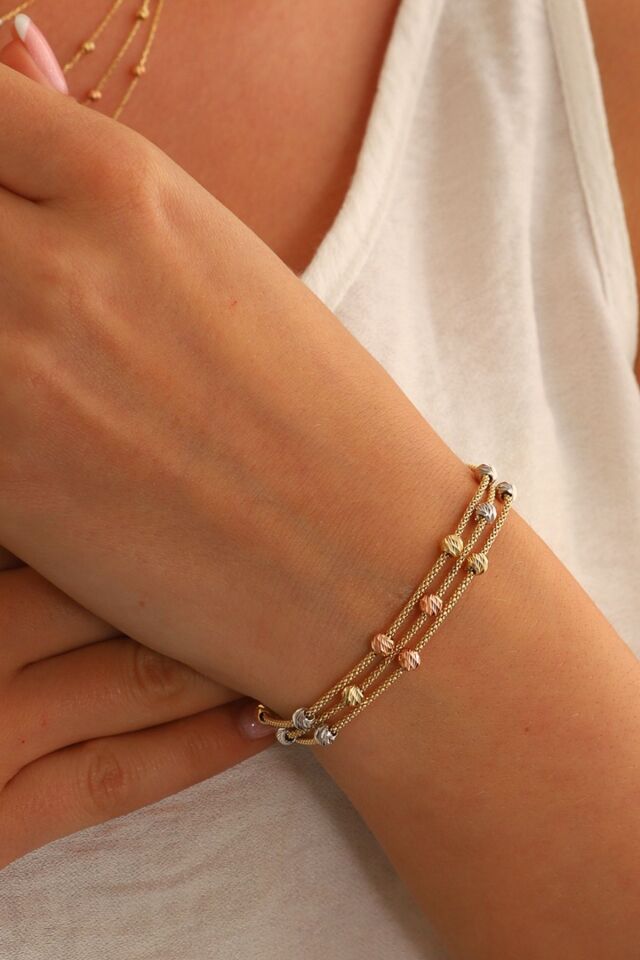 14 Ayar Altın Dorika Toplu Altın Bileklik Popcorn Bileklik Renkli Toplar Üç Sıra