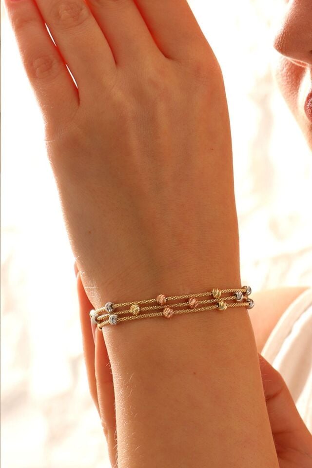 14 Ayar Altın Dorika Toplu Altın Bileklik Popcorn Bileklik Renkli Toplar Üç Sıra