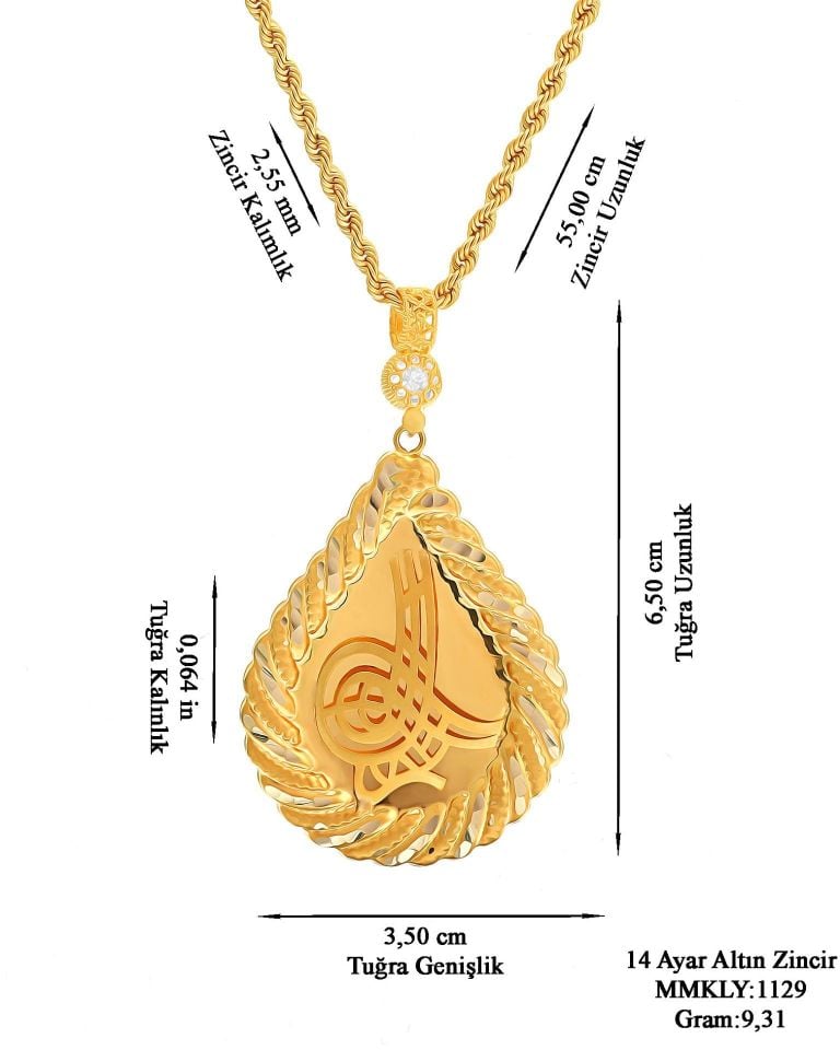 Moom Mücevherat Kadın 14 Ayar Altın Osmanlı Tuğrası Halat Zincirle Birlikte