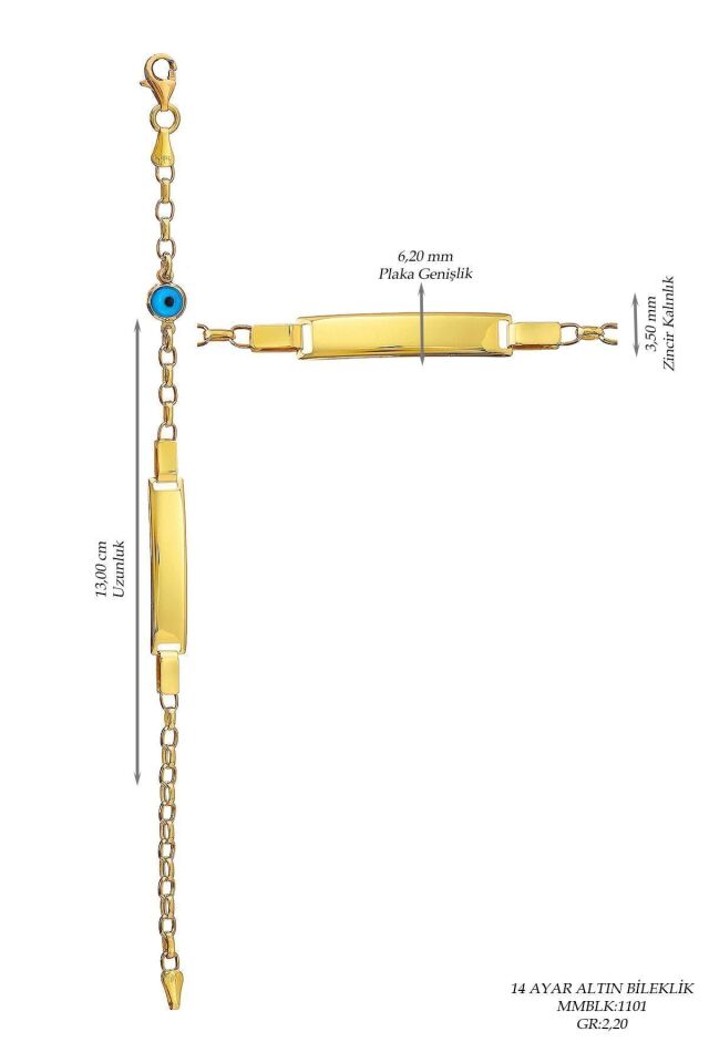 Çocuk 14 Ayar Altın Nazar Göz Taşlı Künye Bileklik