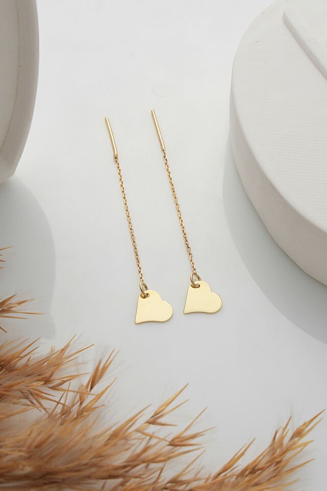 14 Ayar Altın Zincir Sallantılı Kalp Küpe 4 Cm
