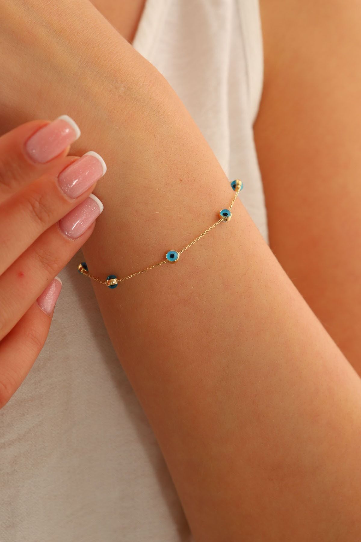 Nazar Boncuklu Gözlü 5 Adet 14 Ayar Altın Nazar Bileklik 18 Cm Uzunluk