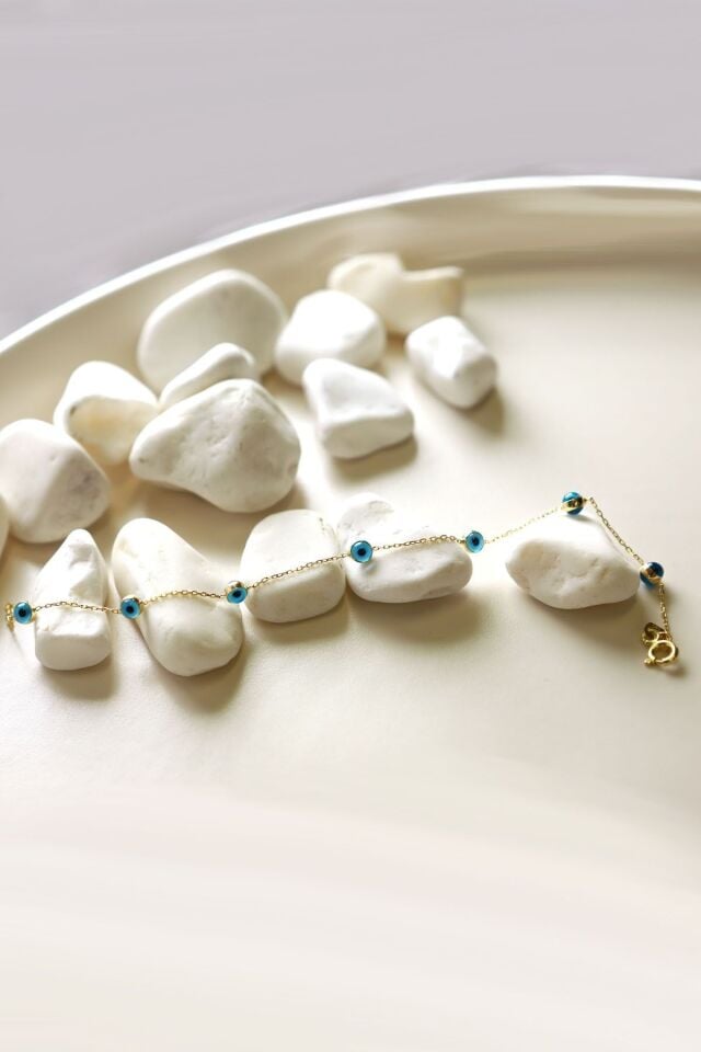 Nazar Boncuklu Gözlü 5 Adet 14 Ayar Altın Nazar Bileklik 18 Cm Uzunluk