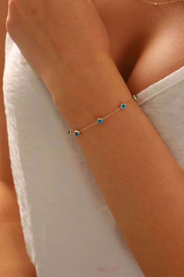 Nazar Boncuklu Gözlü 5 Adet 14 Ayar Altın Nazar Bileklik 18 Cm Uzunluk