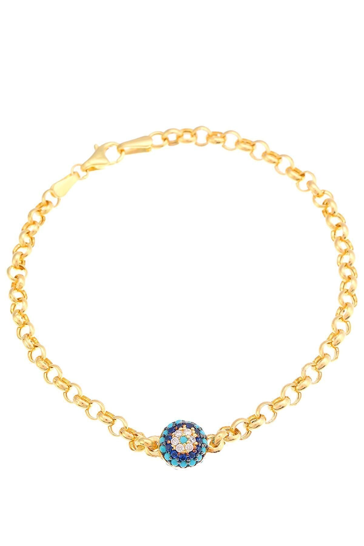 Kadın 14 Ayar Altın Firuze Taşlı Zicirli Fantezi Nazar Göz Bileklik