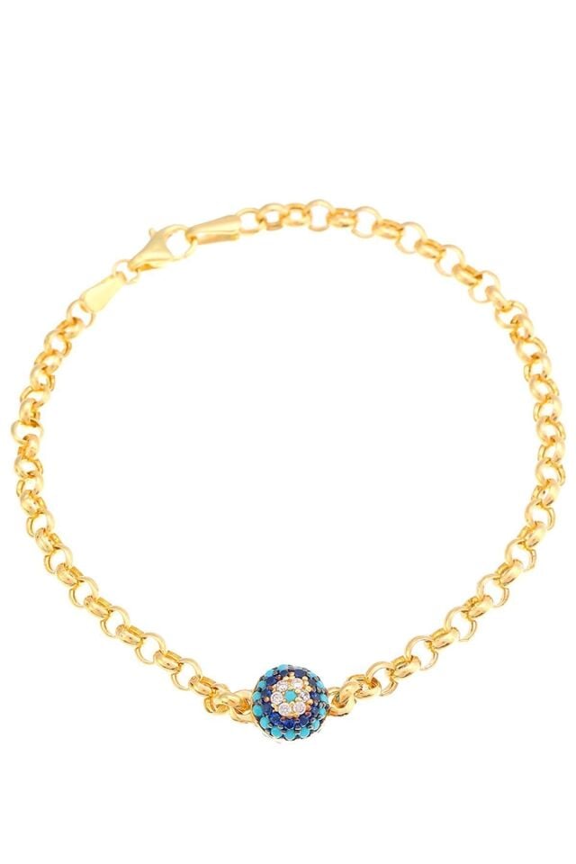 Kadın 14 Ayar Altın Firuze Taşlı Zicirli Fantezi Nazar Göz Bileklik