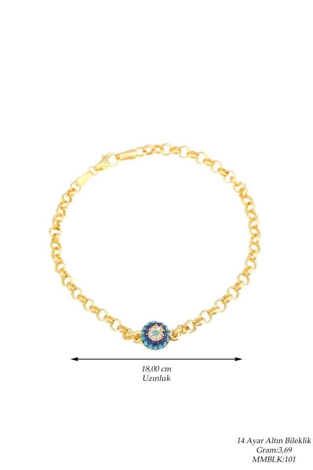 Kadın 14 Ayar Altın Firuze Taşlı Zicirli Fantezi Nazar Göz Bileklik