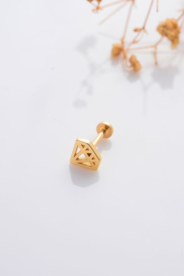 14 Ayar Altın Vidalı Elmas Desenli Tragus Küpe