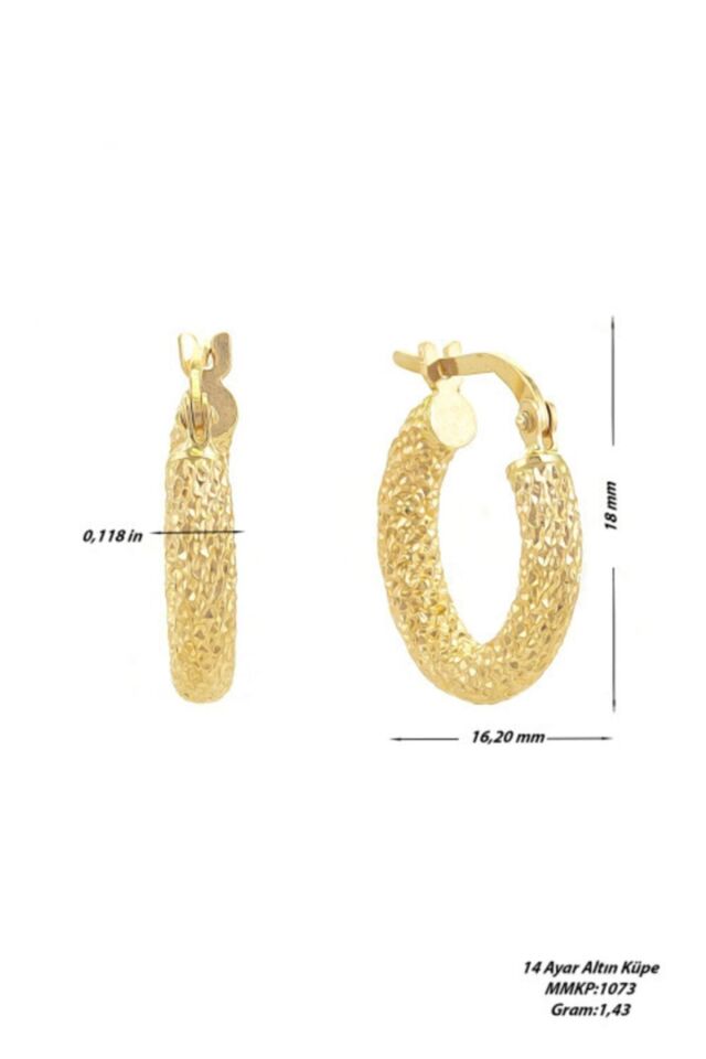 14 Ayar Altın Lazer Desenli Halka Küpe 1.8 Cm