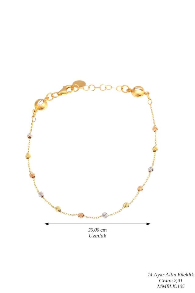 Kadın Sarı  Altın Toplu Uzatma Zincirli Bileklik 14 Ayar