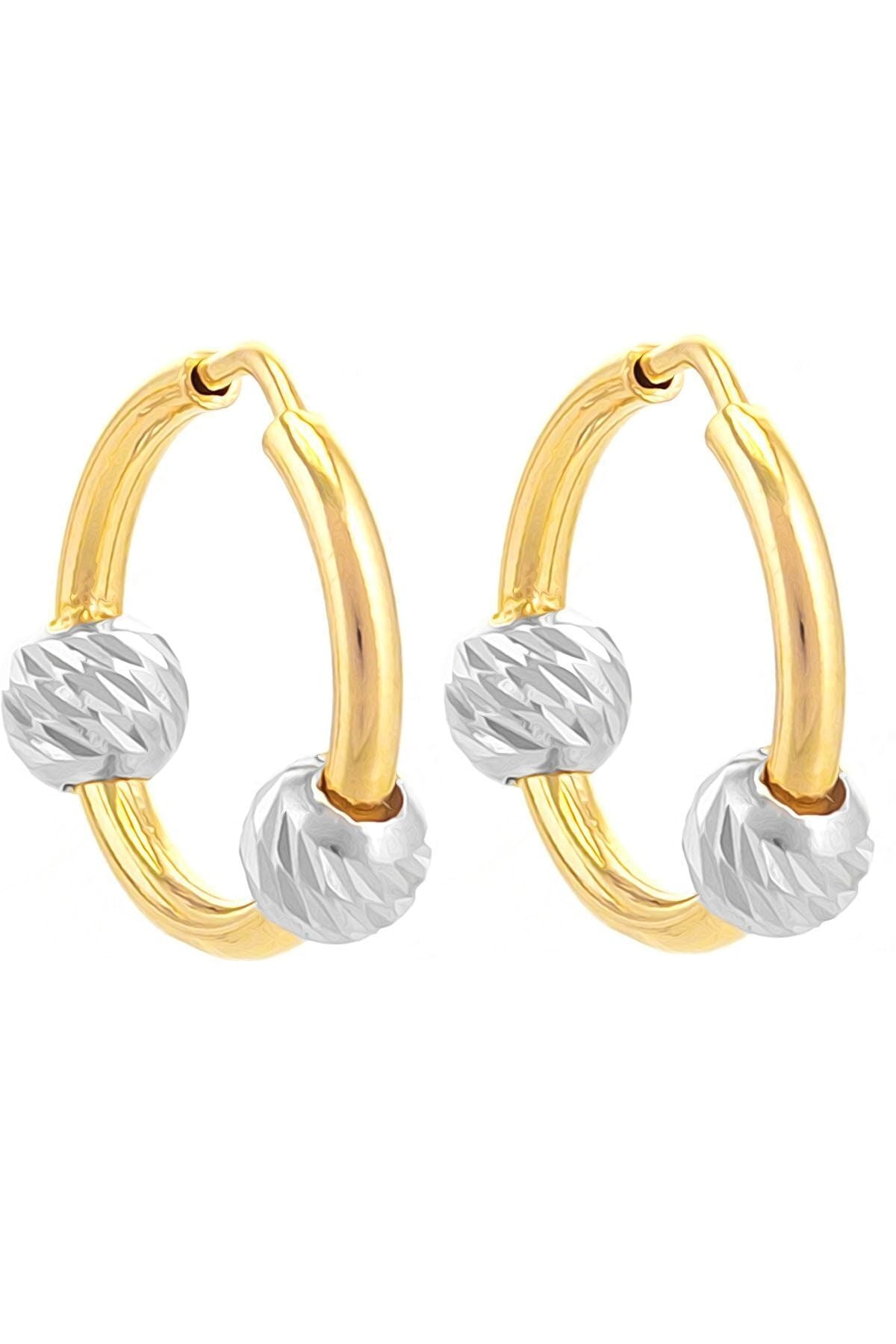 14 Ayar Altın 2 Renk Sarı Beyaz Dorika Halka Küpe 1.3 Cm