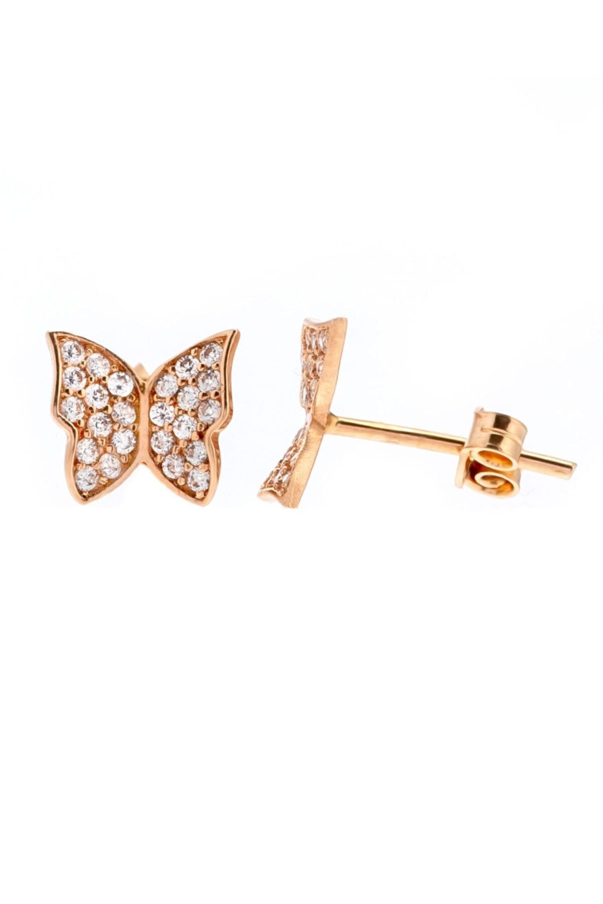 14 Ayar Altın Taşlı Rose Kelebek Küpe 8 mm