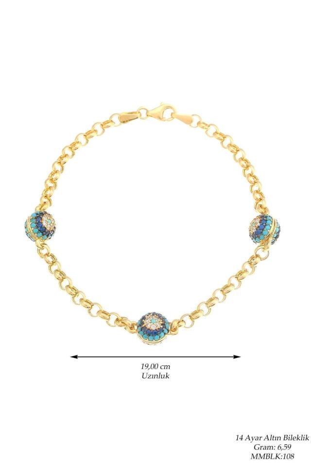 Kadın Sarı  Altın Firuze Göz Nazar Fantezi Bileklik 14 Ayar