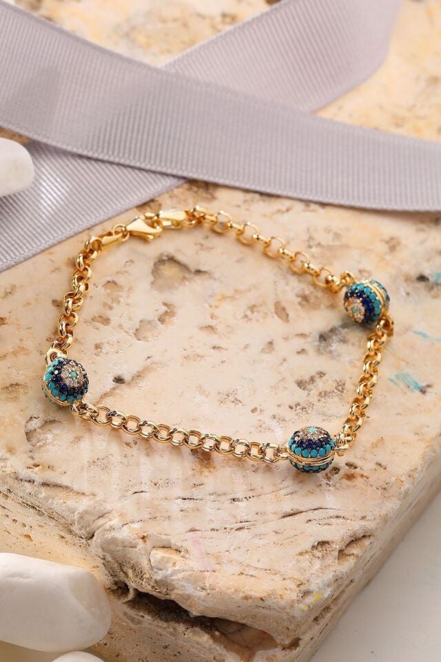 Kadın Sarı  Altın Firuze Göz Nazar Fantezi Bileklik 14 Ayar