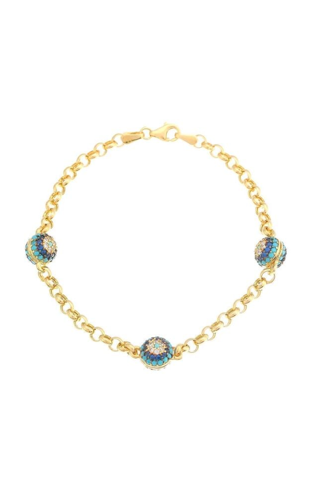 Kadın Sarı  Altın Firuze Göz Nazar Fantezi Bileklik 14 Ayar