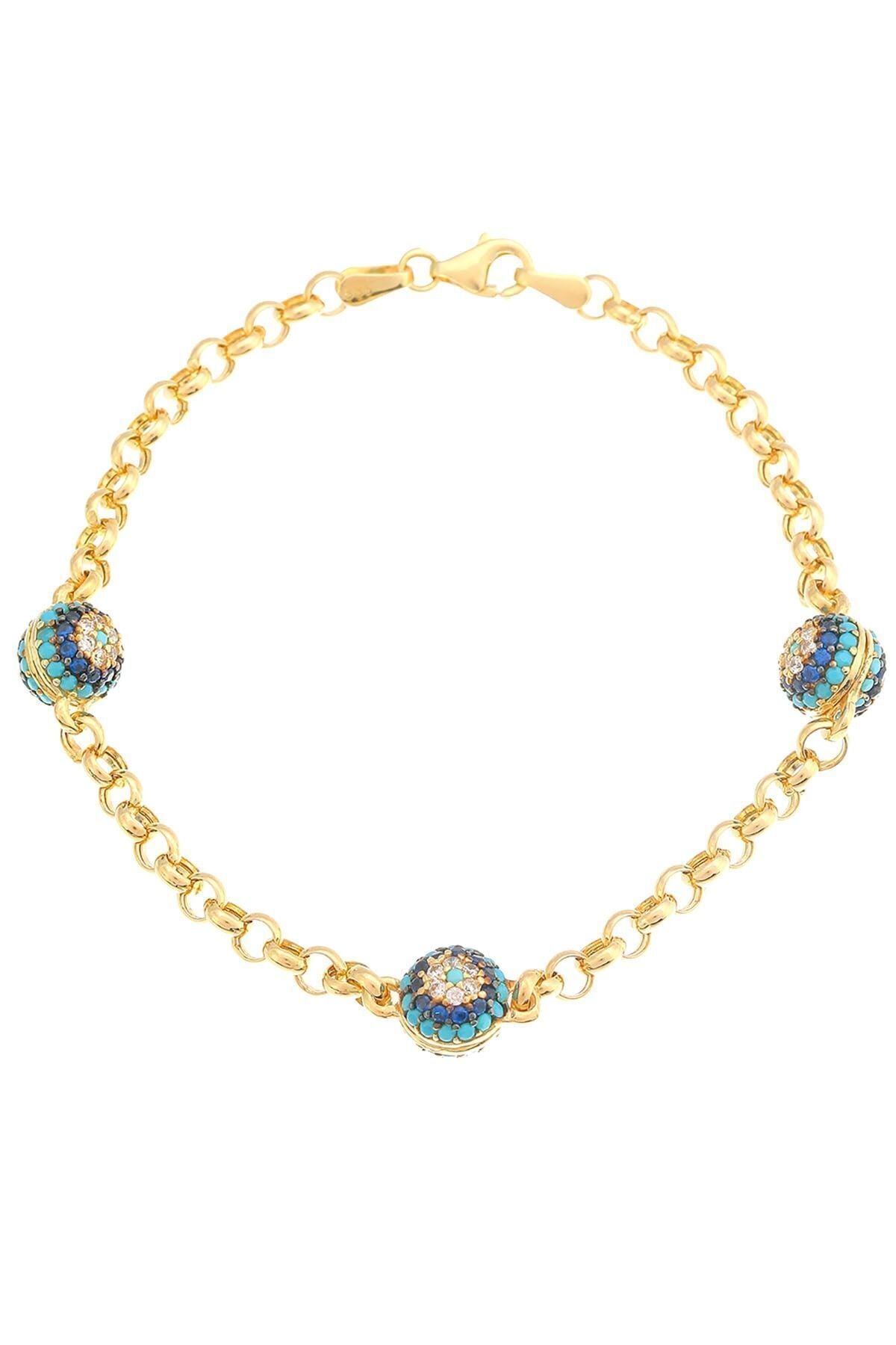 Kadın Sarı  Altın Firuze Göz Nazar Fantezi Bileklik 14 Ayar