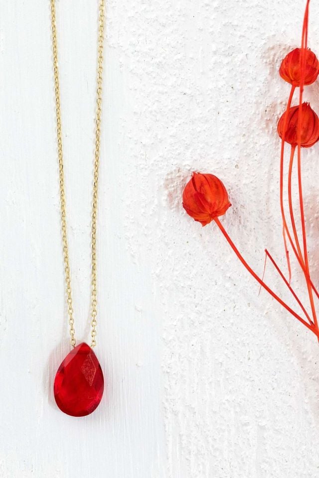 Moom Mücevherat Kadın Kırmızı Damla Doğal Taş Kolye 14 Ayar Altın