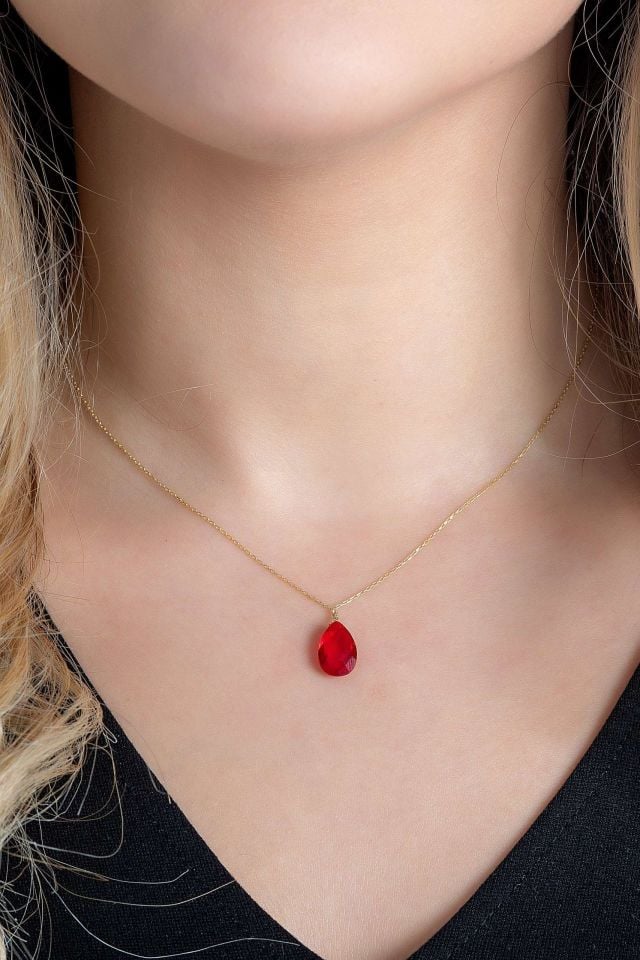 Moom Mücevherat Kadın Kırmızı Damla Doğal Taş Kolye 14 Ayar Altın