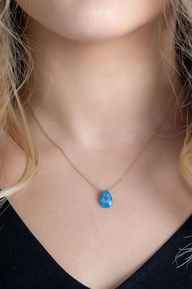 Moom Mücevherat Kadın Mavi Renk Damla Taş Kolye 14 Ayar Altın