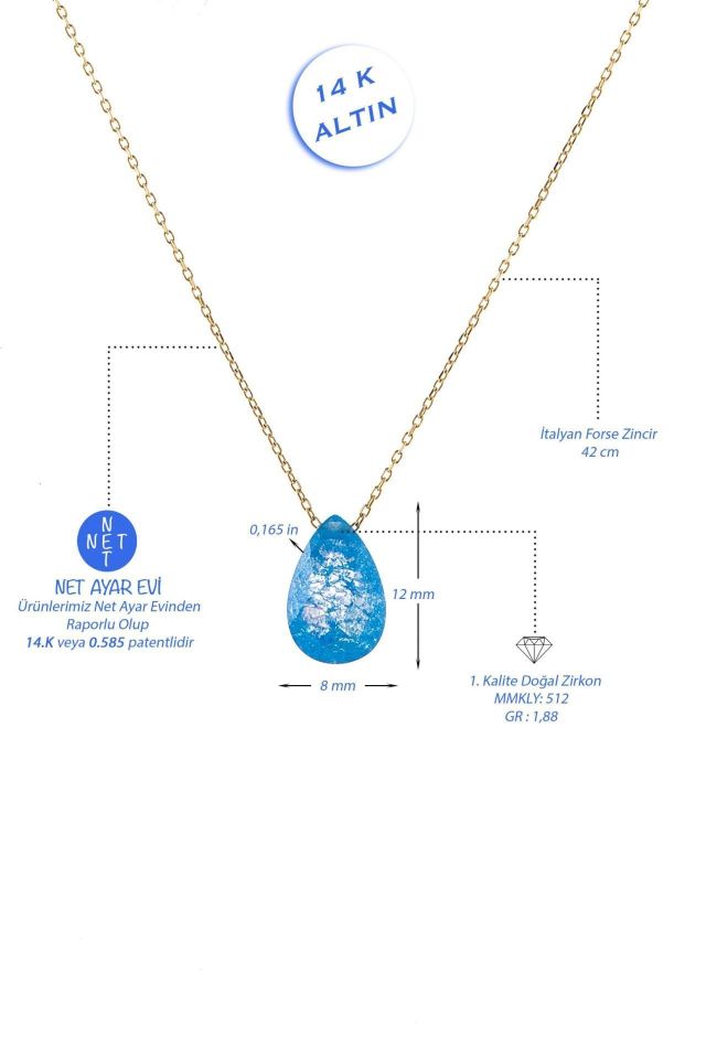 Moom Mücevherat Kadın Mavi Renk Damla Taş Kolye 14 Ayar Altın