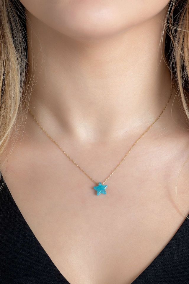 Moom Mücevherat Kadın Yıldız Desenli Doğal Taş Kolye 14 Ayar Altın