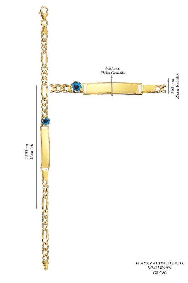 Çocuk 14 Ayar Altın Nazar Göz Taşlı Künye Bileklik