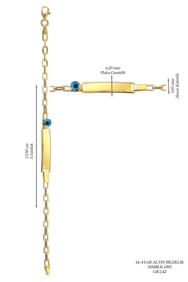 Çocuk 14 Ayar Altın Nazar Göz Taşlı Künye Bileklik