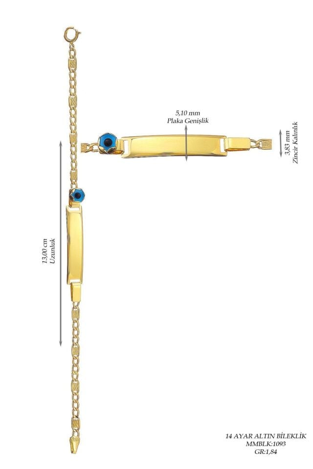 Çocuk 14 Ayar Altın Nazar Göz Taşlı Künye Bileklik