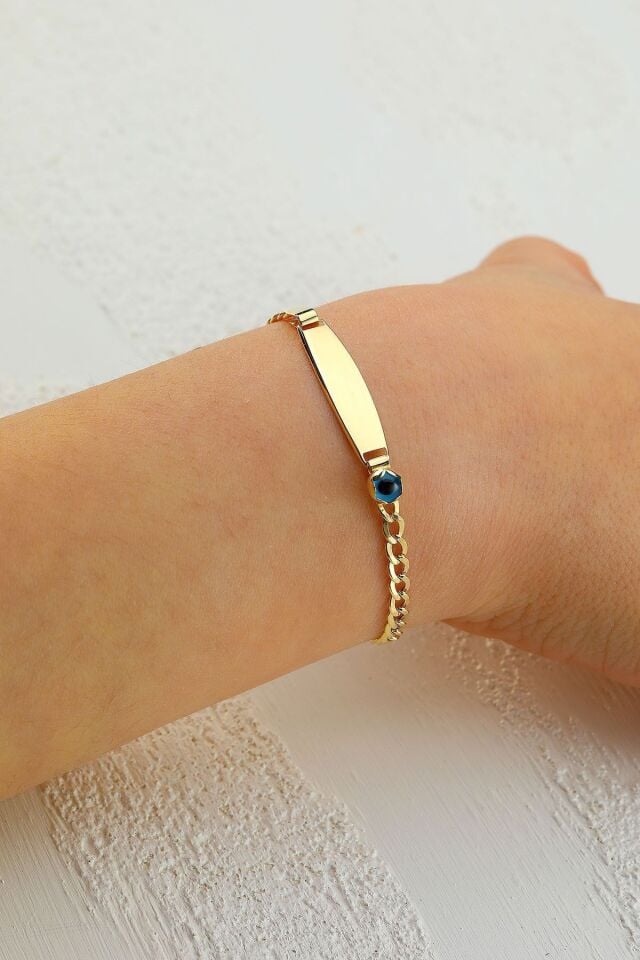 Çocuk Altın Nazar Göz Taşlı Künye Bileklik 14 Ayar