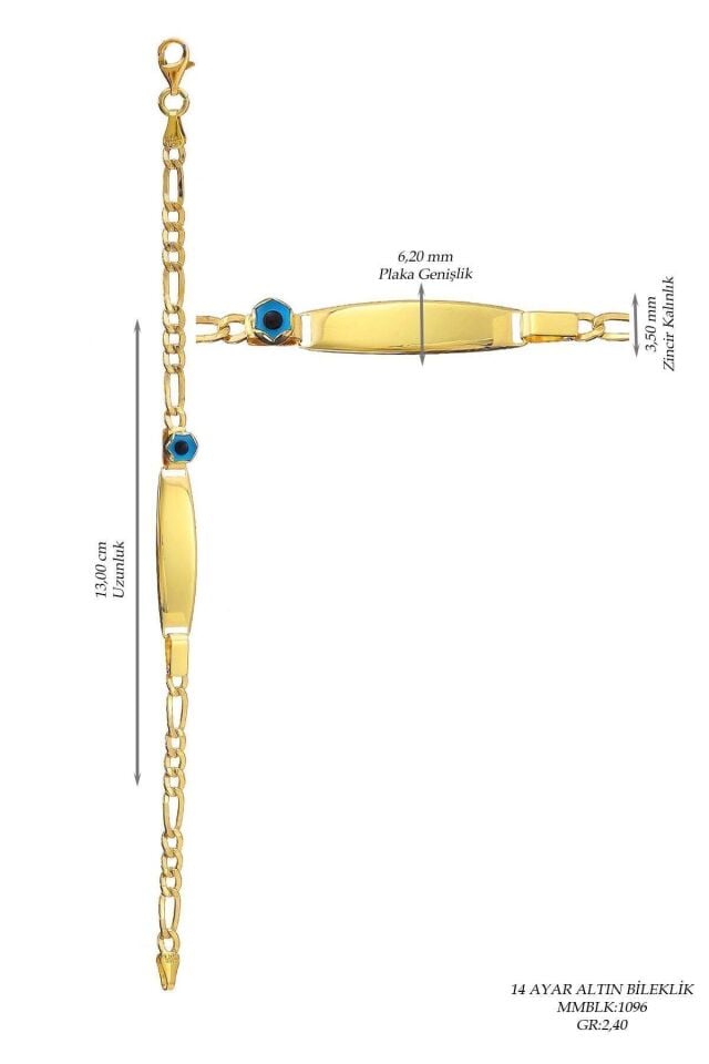 Çocuk 14 Ayar Altın Nazar Göz Taşlı Künye Bileklik