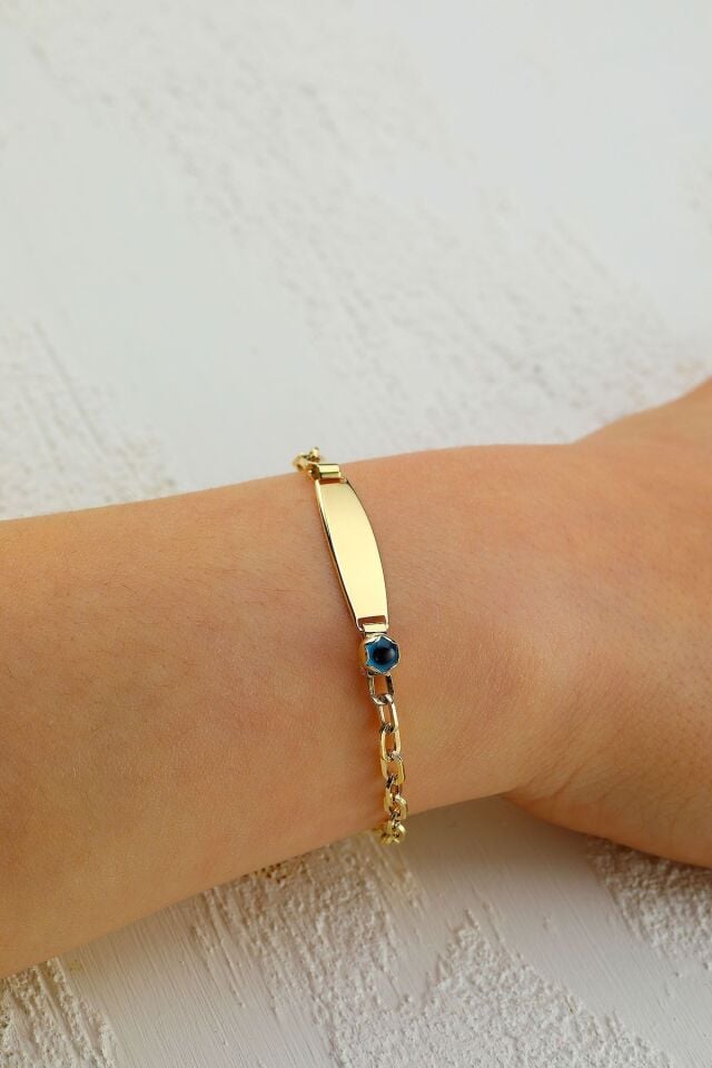 Unisex Çocuk 14 Ayar Altın Nazar Göz Taşlı Künye Bileklik