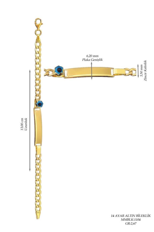 Çocuk 14 Ayar Altın Nazar Göz Taşlı Künye Bileklik