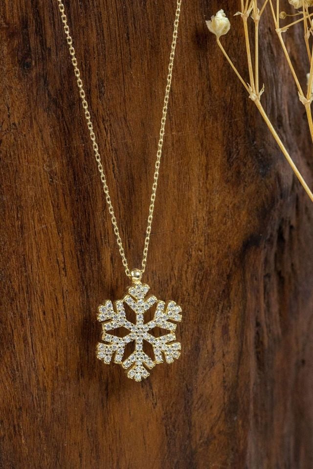 Moom Mücevherat Kadın Taşlı  Kar Tanesi Kolye 14 Ayar Altın