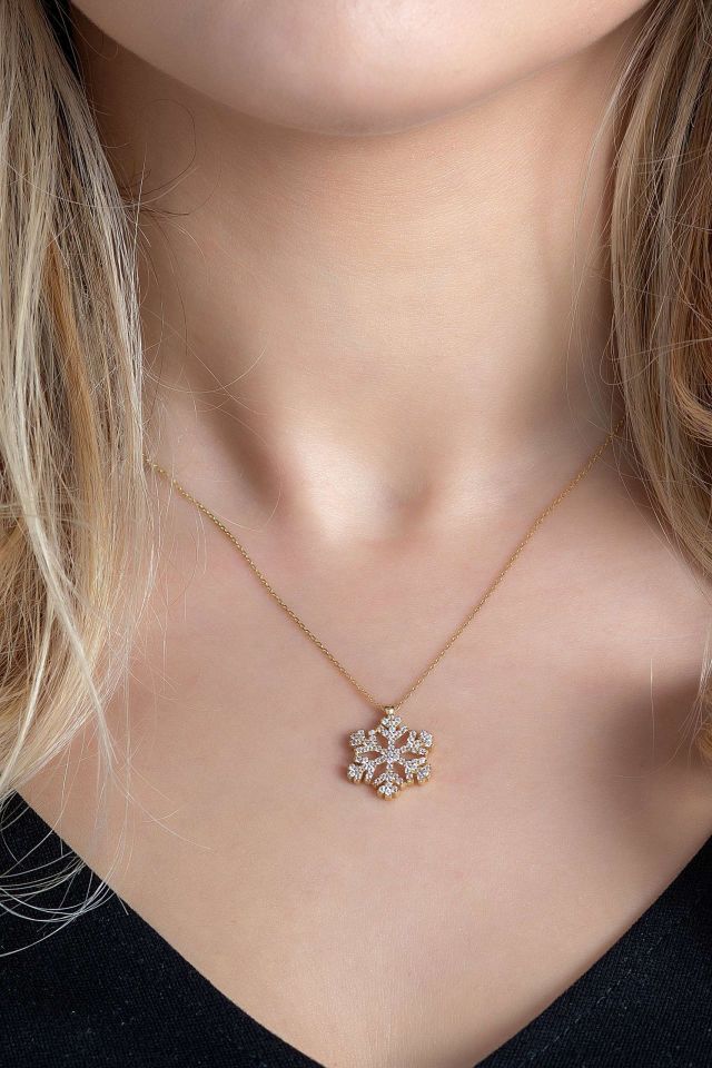 Moom Mücevherat Kadın Taşlı  Kar Tanesi Kolye 14 Ayar Altın