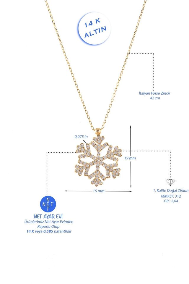 Moom Mücevherat Kadın Taşlı  Kar Tanesi Kolye 14 Ayar Altın