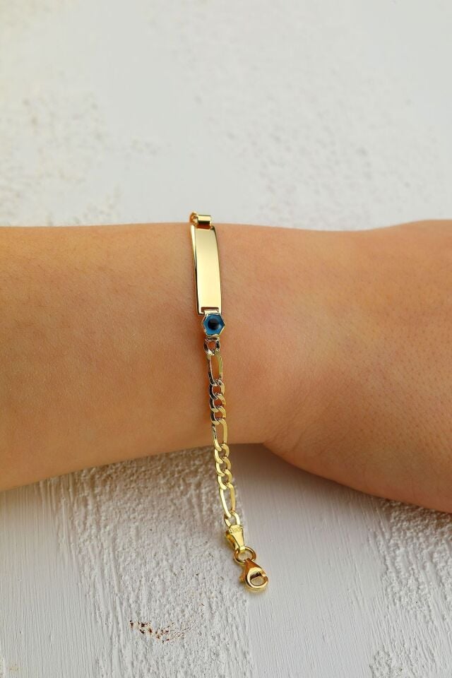 Unisex Çocuk Sarı  14 Ayar Altın Nazar Göz Taşlı Künye Bileklik